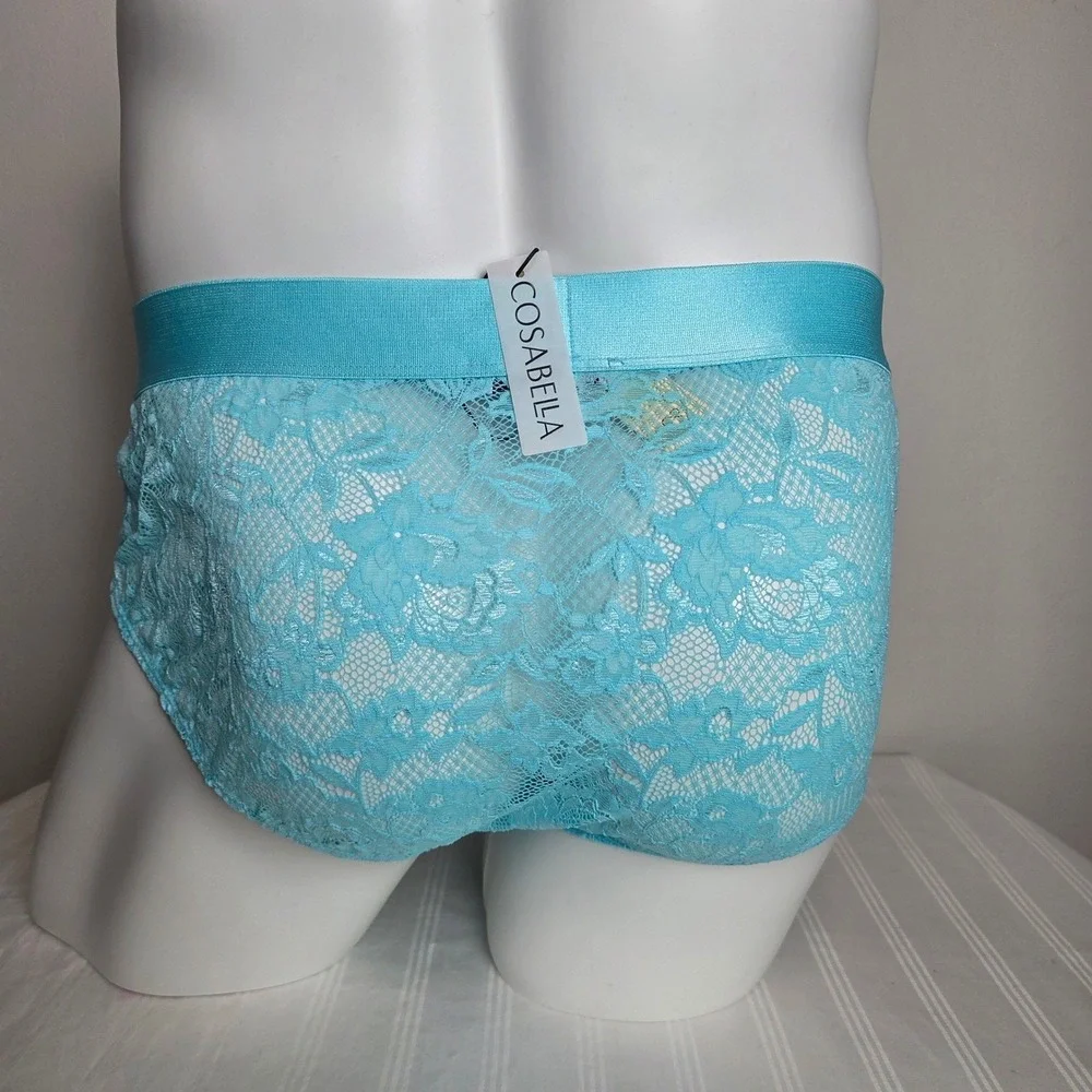 Cosabella Never Say Never Mens Lace Bikini Briefs Light Blue Floral Low Rise NEW